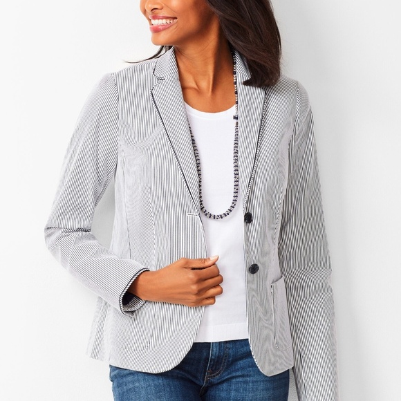Talbots Sz 10 Navy White Striped Piped Blazer Jacket Patch Pockets Fully Lined - Picture 1 of 11